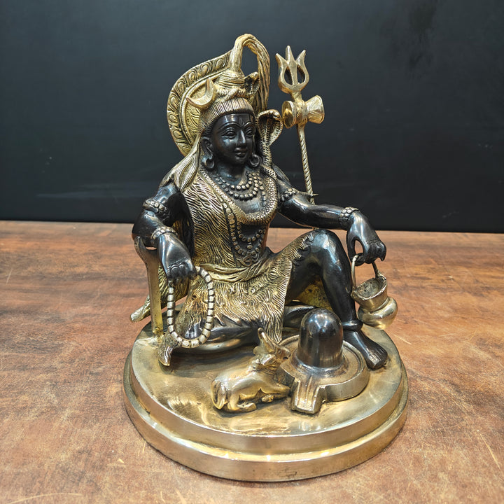Brass Lord Shiva Idol With Nandi & Shiv Ling Black Gold Finish 9 Inch
