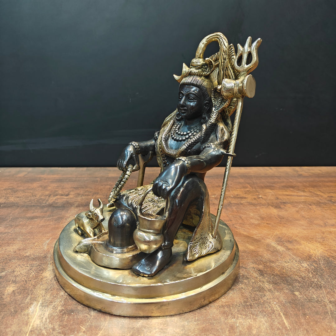Brass Lord Shiva Idol With Nandi & Shiv Ling Black Gold Finish 9 Inch