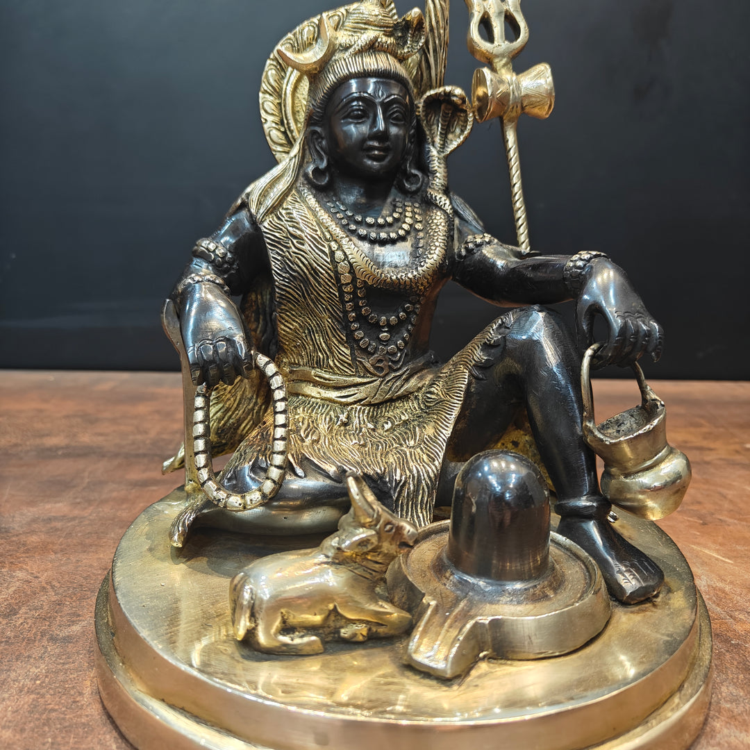 Brass Lord Shiva Idol With Nandi & Shiv Ling Black Gold Finish 9 Inch