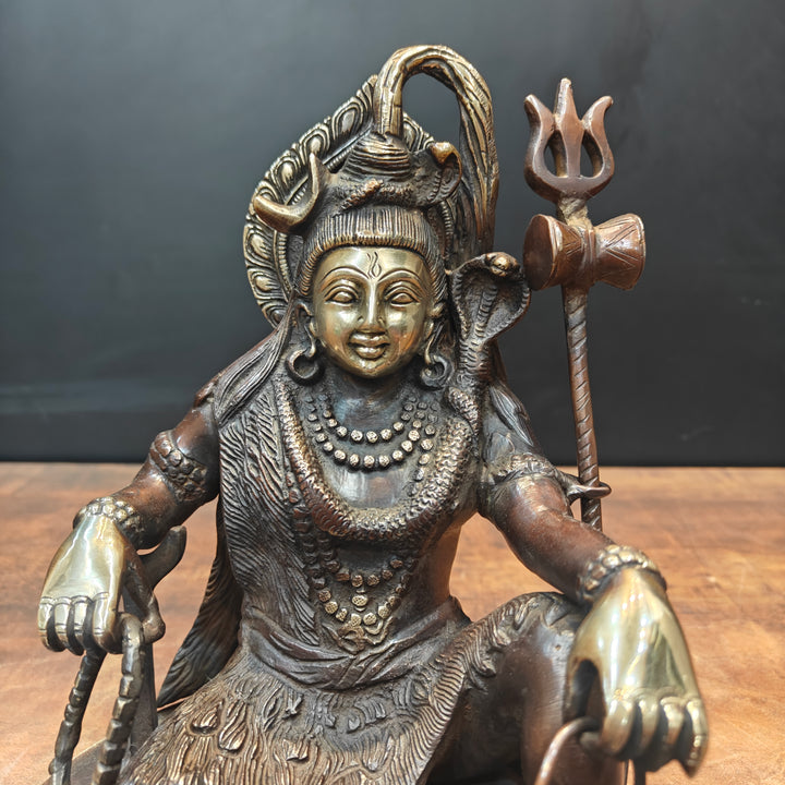 Brass Lord Shiva Statue With Nandi & Shiv Ling Brown Gold Finish 9 Inch