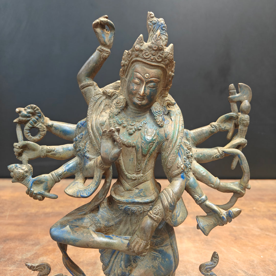 Brass Standing Buddhism Goddess Manjushri Green Patina Finish 12 Inch