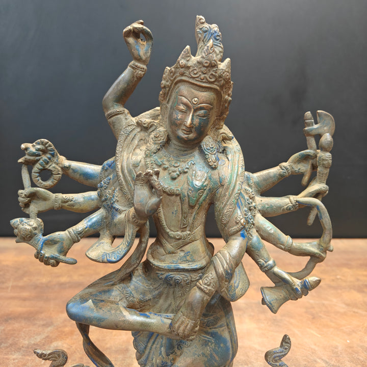 Brass Standing Buddhism Goddess Manjushri Green Patina Finish 12 Inch