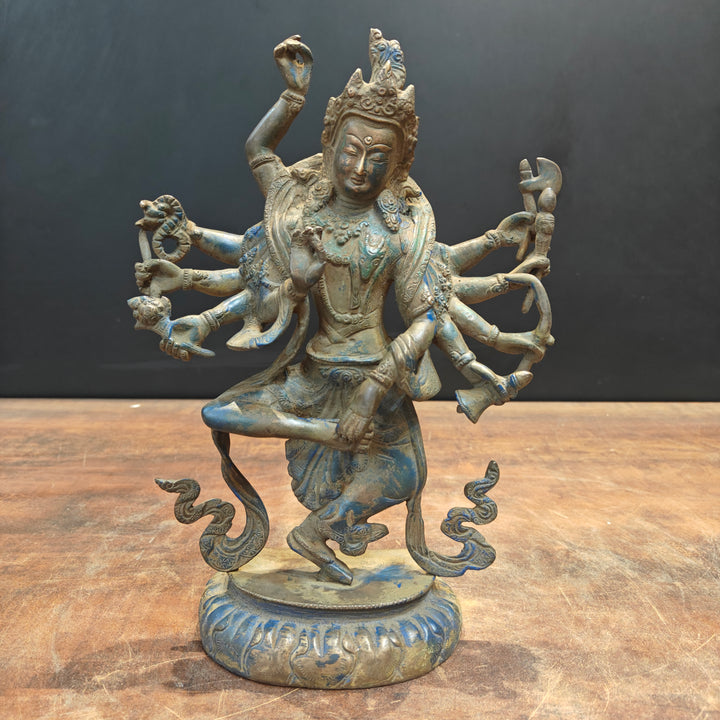 Brass Standing Buddhism Goddess Manjushri Green Patina Finish 12 Inch
