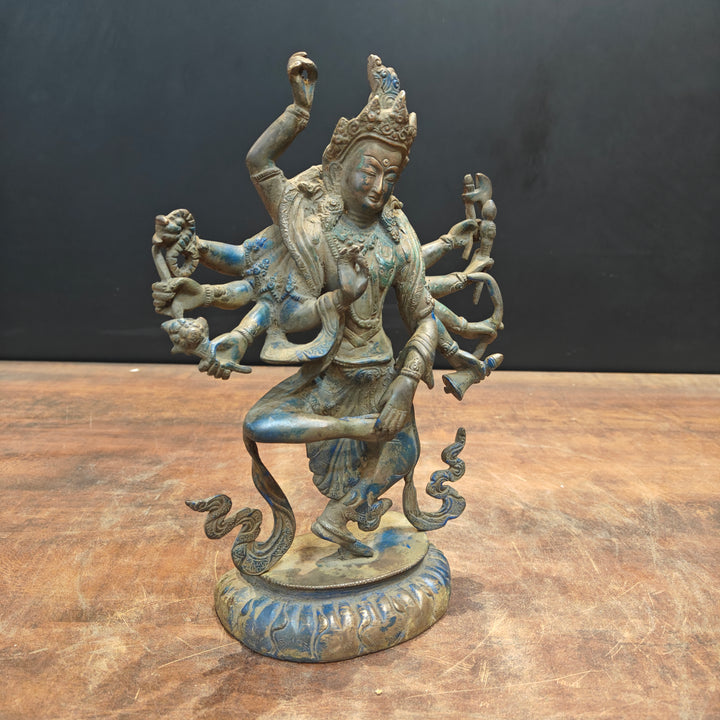 Brass Standing Buddhism Goddess Manjushri Green Patina Finish 12 Inch