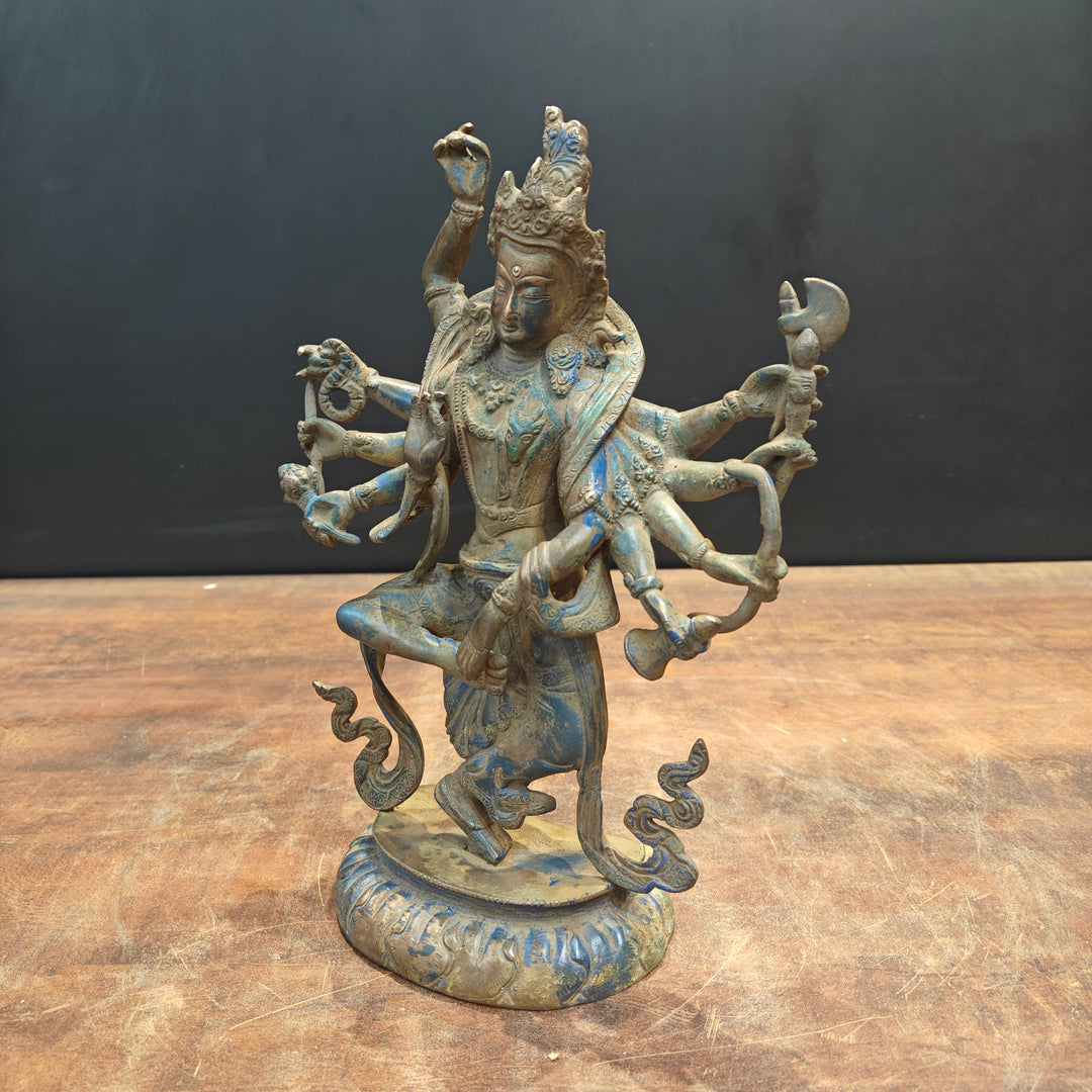 Brass Standing Buddhism Goddess Manjushri Green Patina Finish 12 Inch