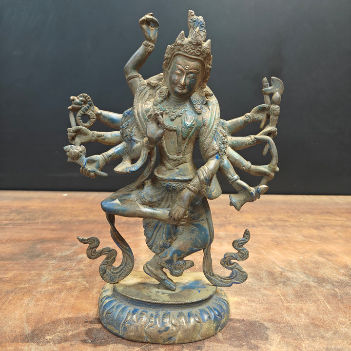 Brass Standing Buddhism Goddess Manjushri Green Patina Finish 12 Inch
