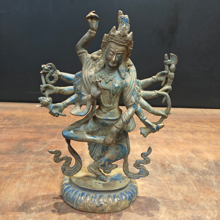 Brass Standing Buddhism Goddess Manjushri Green Patina Finish 12 Inch