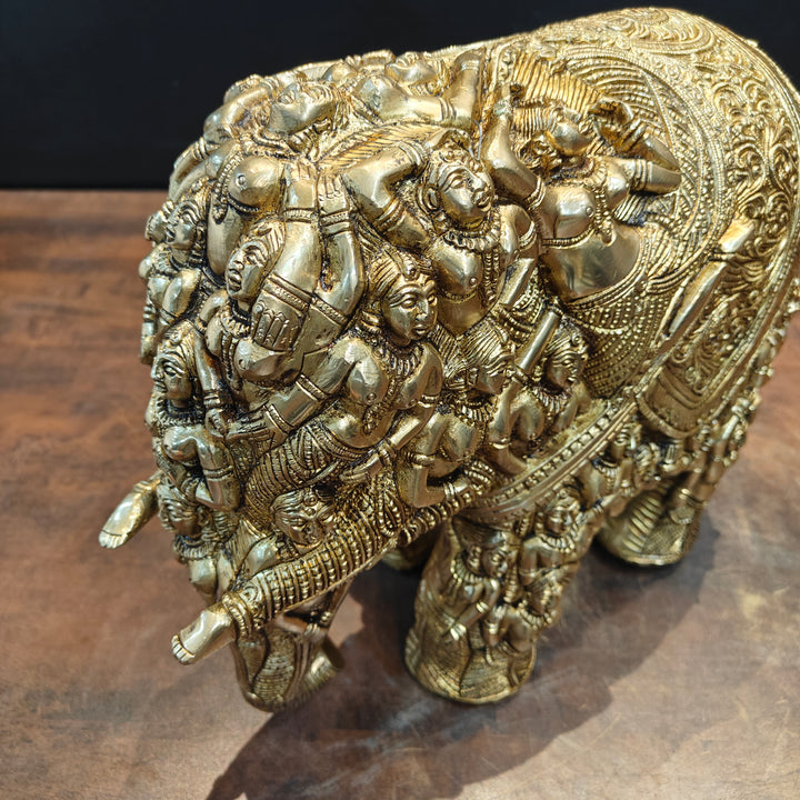 Brass Elephant Sculpture Carved With Ladies Decor Showpiece 12 Inch