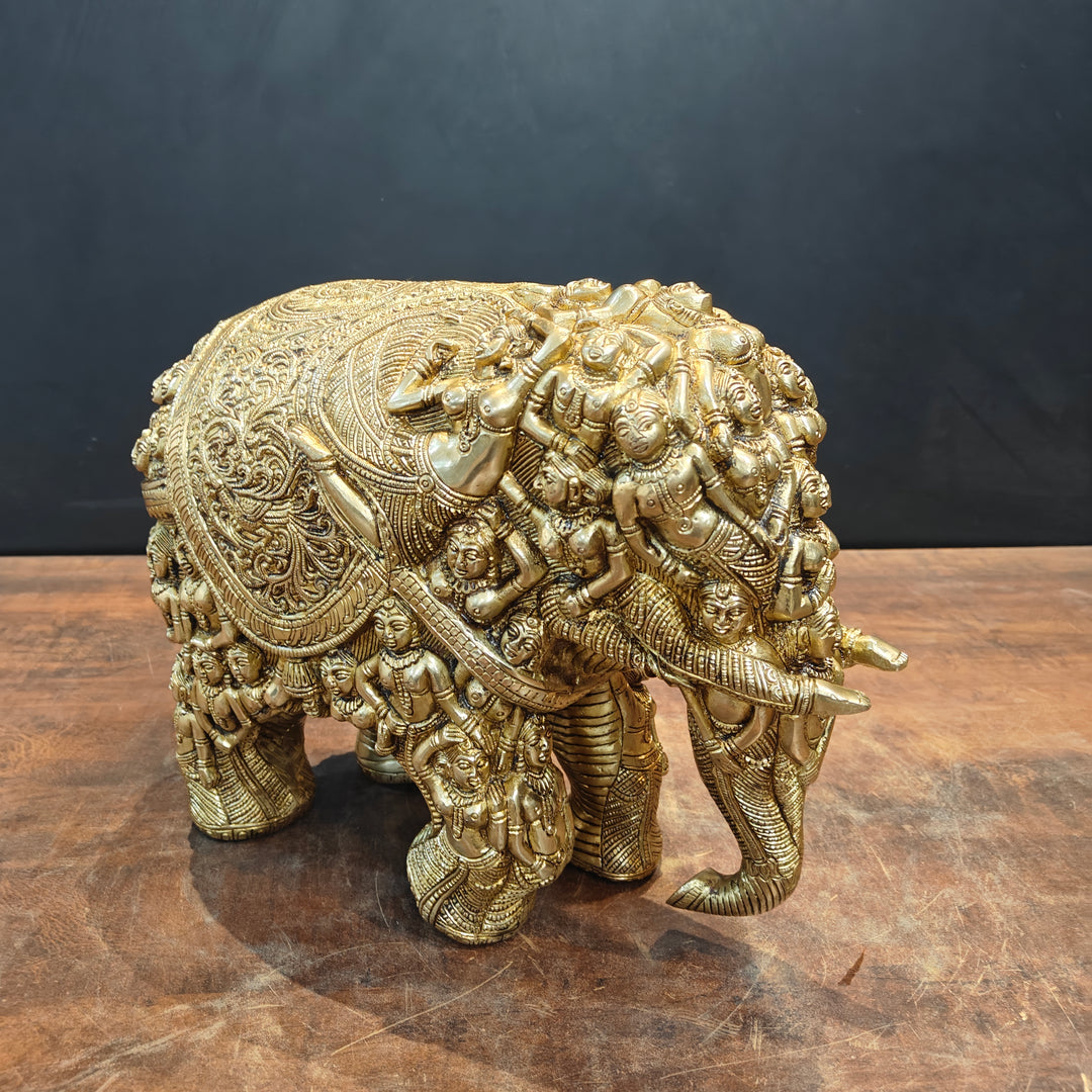 Brass Elephant Sculpture Carved With Ladies Decor Showpiece 12 Inch