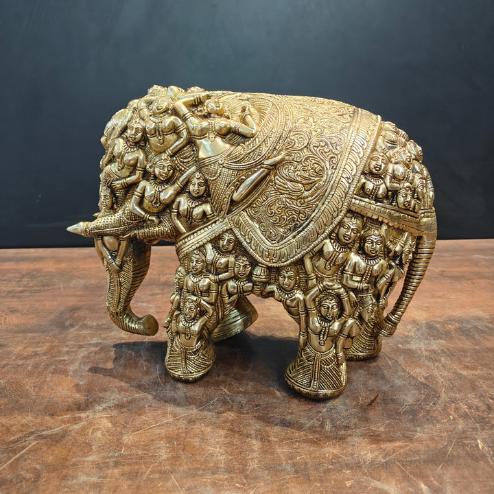 Brass Elephant Sculpture Carved With Ladies Decor Showpiece 12 Inch