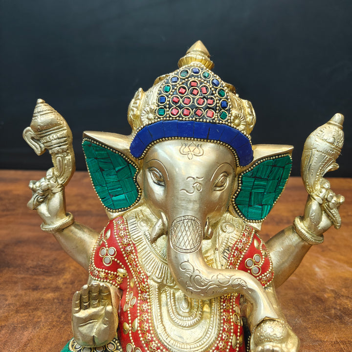 Brass Ganesha Idol With Stone Work For Home Decor 9 Inch