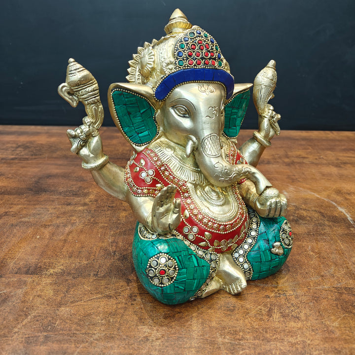 Brass Ganesha Idol With Stone Work For Home Decor 9 Inch