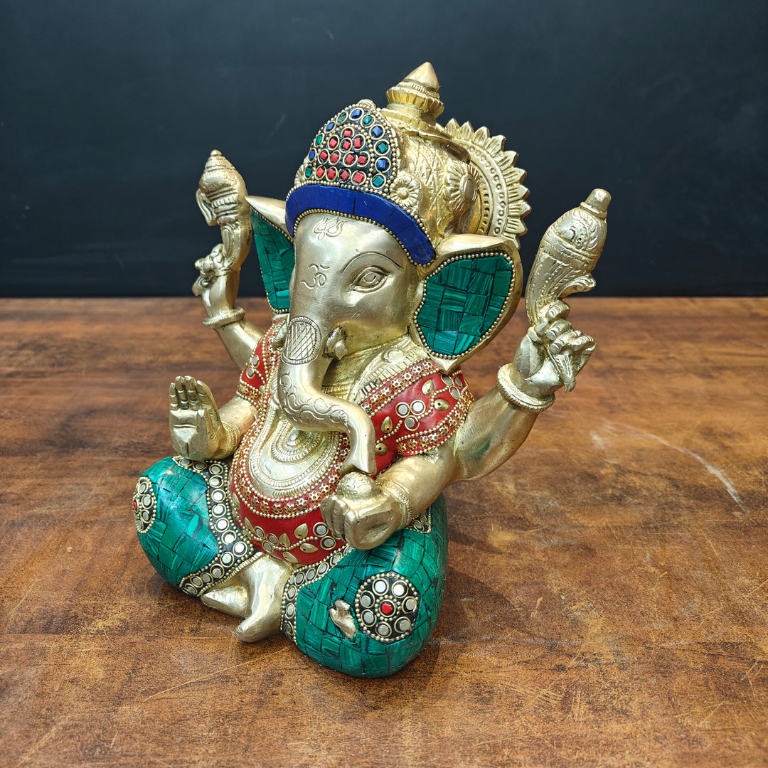 Brass Ganesha Idol With Stone Work For Home Decor 9 Inch