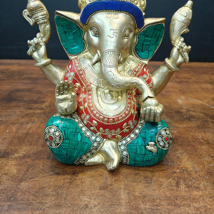Brass Ganesha Idol With Stone Work For Home Decor 9 Inch