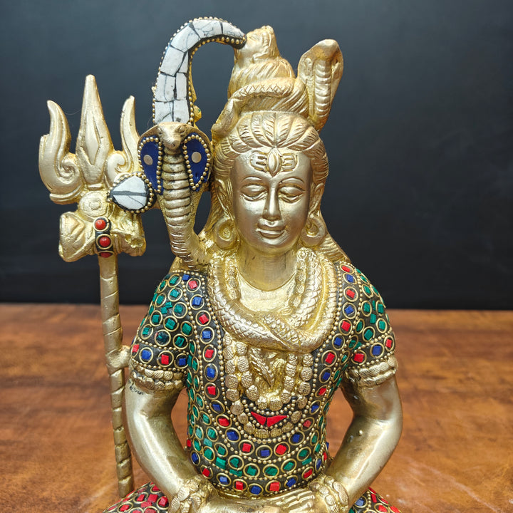Brass Meditation Lord Shiva Statue With Stone Work 10 Inch