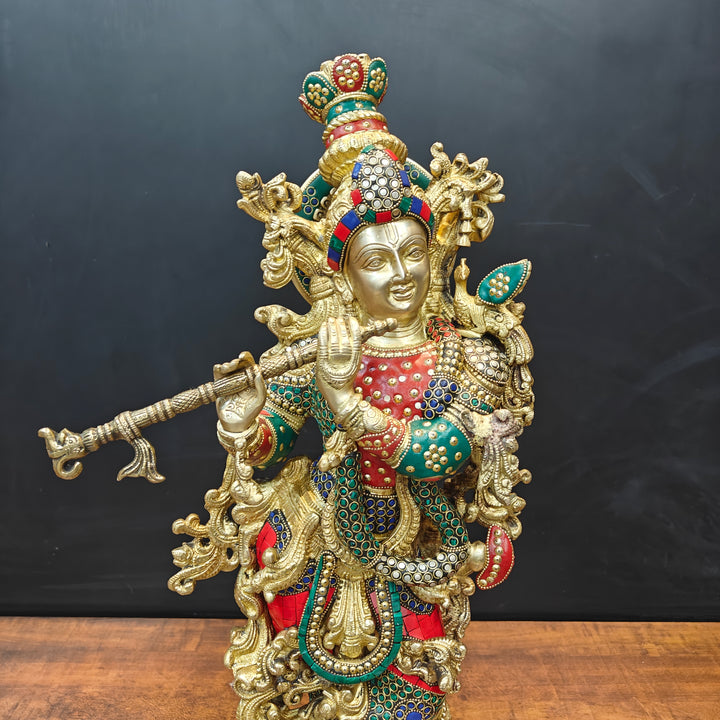 Brass Krishna Statue Standing On Lptus Base With Stone Work 27 Inch