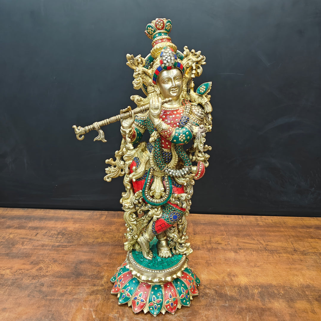 Brass Krishna Statue Standing On Lptus Base With Stone Work 27 Inch