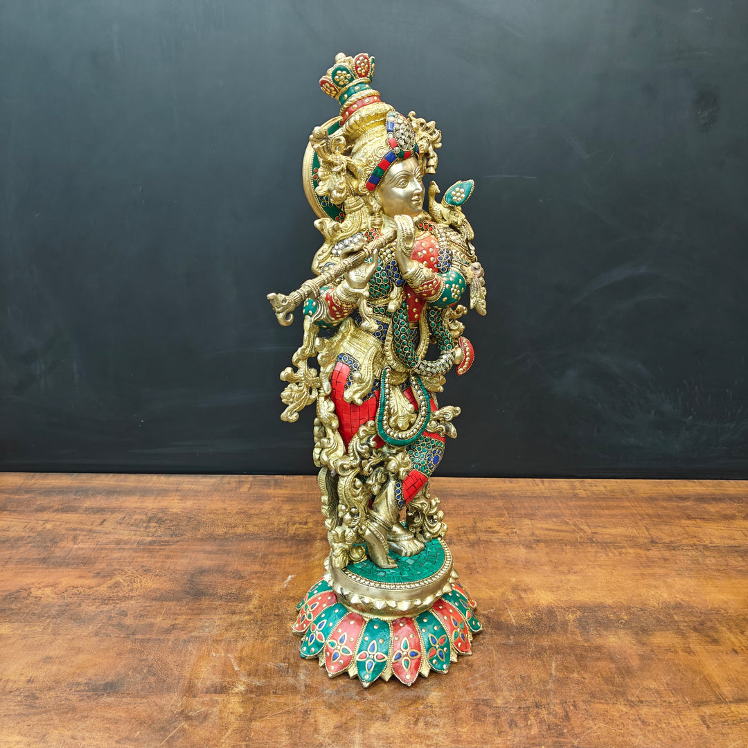 Brass Krishna Statue Standing On Lptus Base With Stone Work 27 Inch