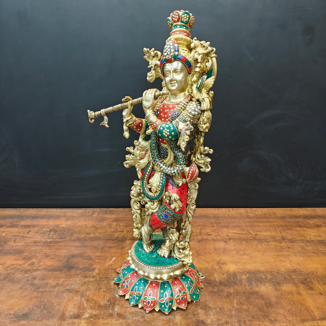 Brass Krishna Statue Standing On Lptus Base With Stone Work 27 Inch