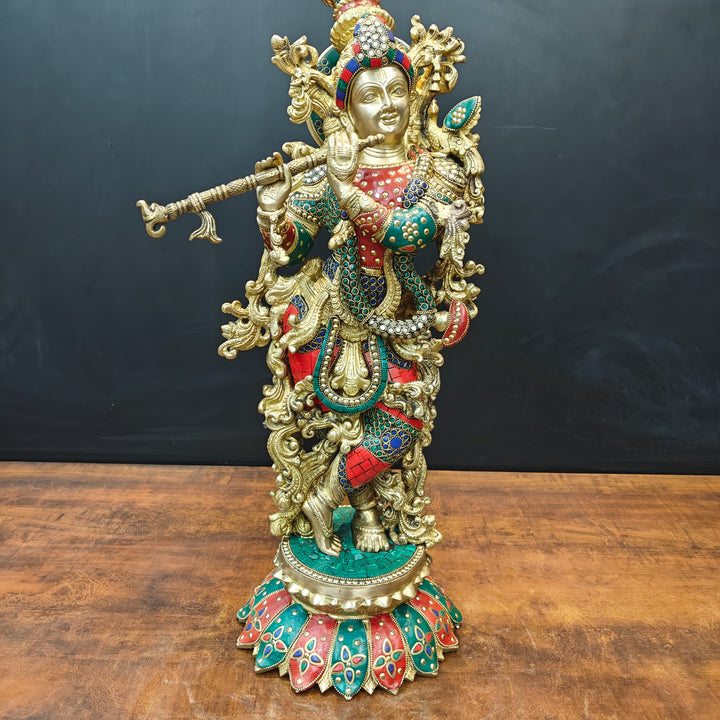 Brass Krishna Statue Standing On Lptus Base With Stone Work 27 Inch