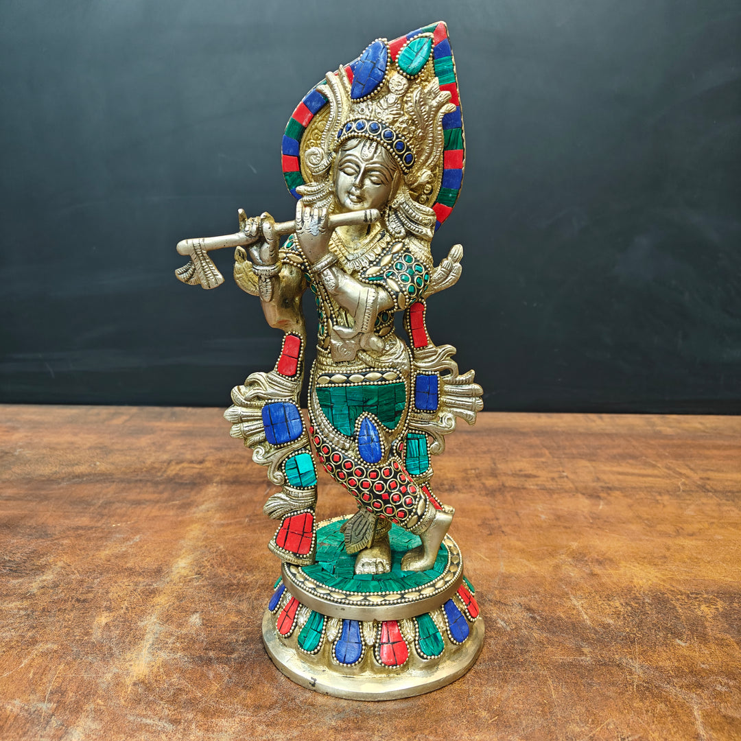 Brass Standing Krishna Idol With Stone Work 13 Inch