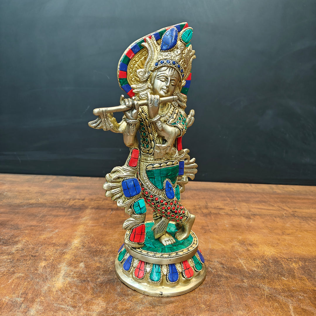 Brass Standing Krishna Idol With Stone Work 13 Inch