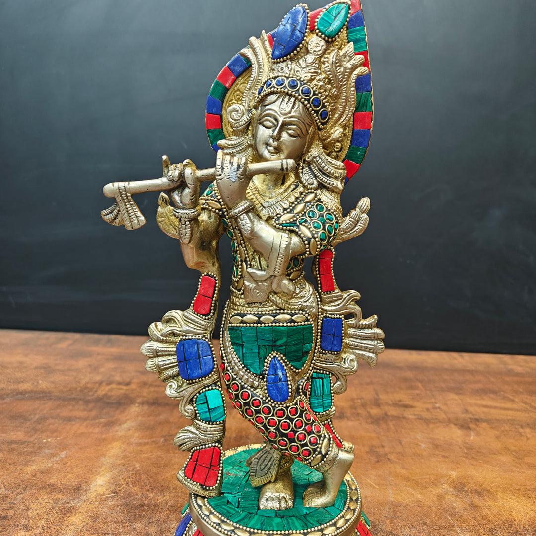 Brass Standing Krishna Idol With Stone Work 13 Inch