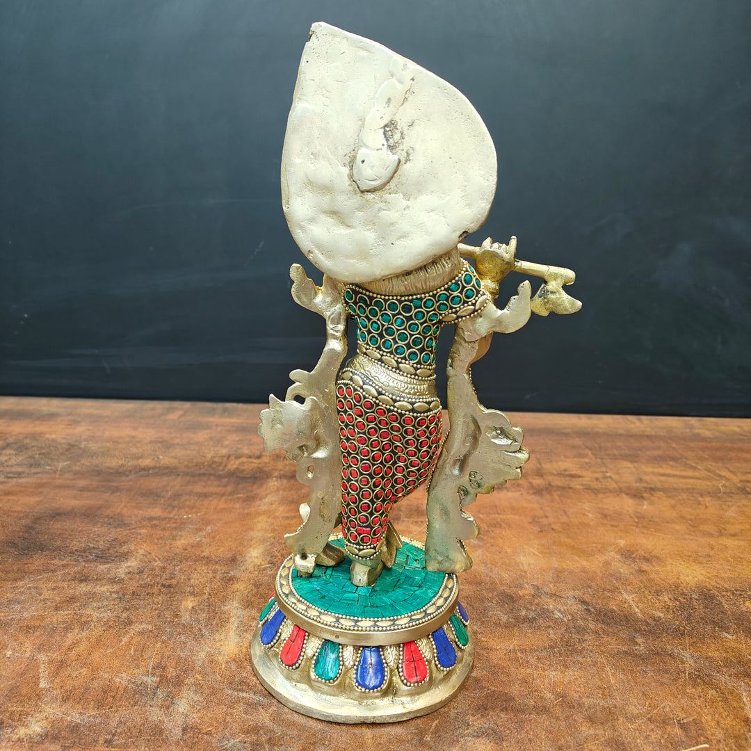 Brass Standing Krishna Idol With Stone Work 13 Inch