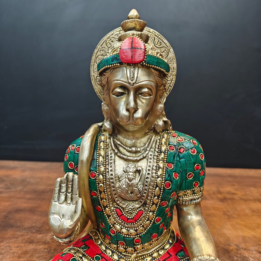 Brass Blessing Hanuman Idol Stone Work For Home Decor 11 Inch