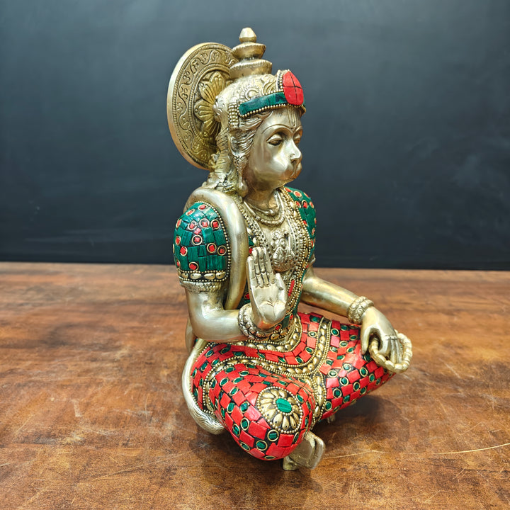 Brass Blessing Hanuman Idol Stone Work For Home Decor 11 Inch