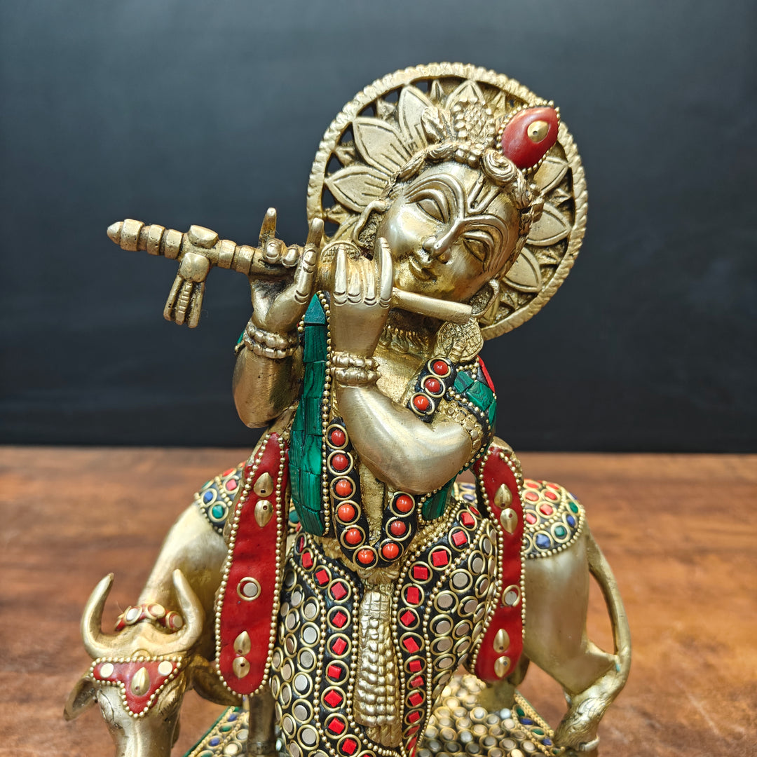 Brass Krishna With Cow Statue Stone Work 12 Inch