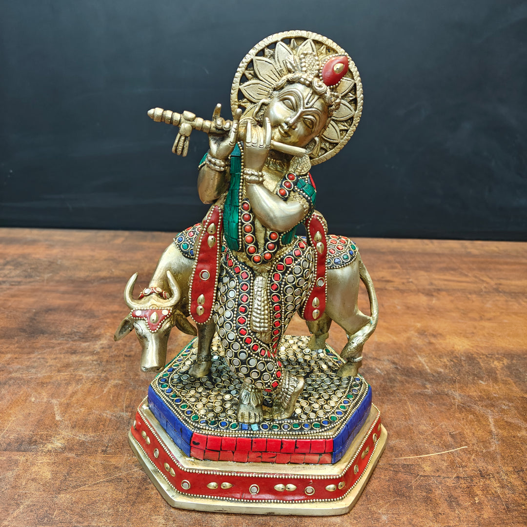 Brass Krishna With Cow Statue Stone Work 12 Inch