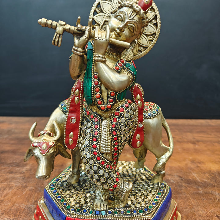 Brass Krishna With Cow Statue Stone Work 12 Inch