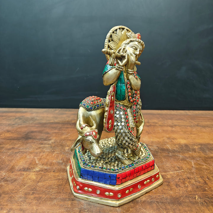 Brass Krishna With Cow Statue Stone Work 12 Inch