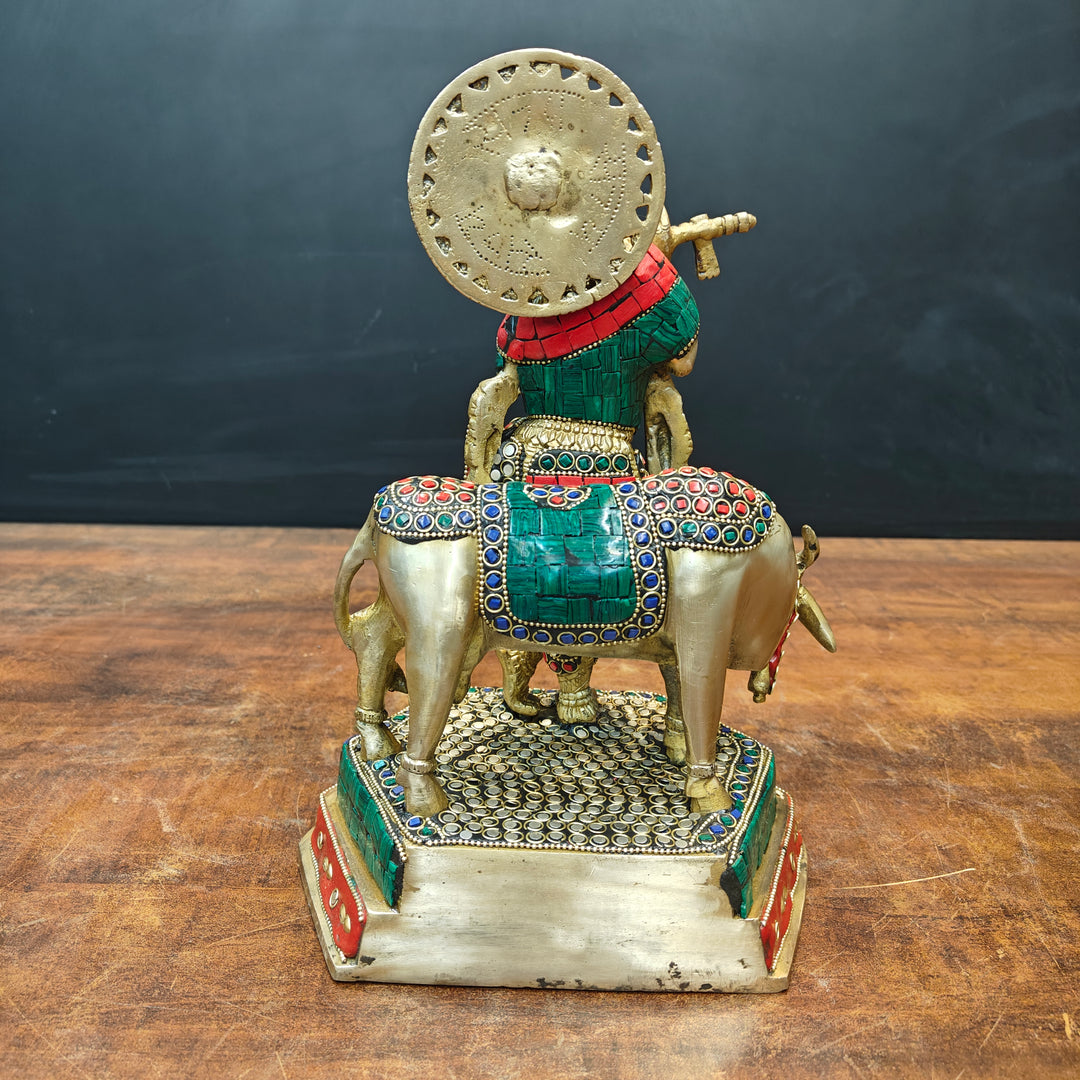 Brass Krishna With Cow Statue Stone Work 12 Inch
