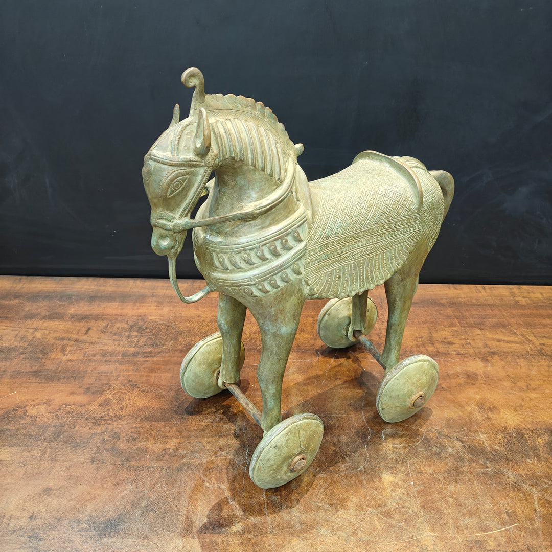 Brass Vintage Horse Statue On Wheels Green Patina Finish 18 Inch
