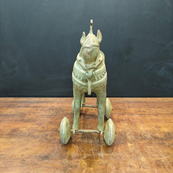 Brass Vintage Horse Statue On Wheels Green Patina Finish 18 Inch