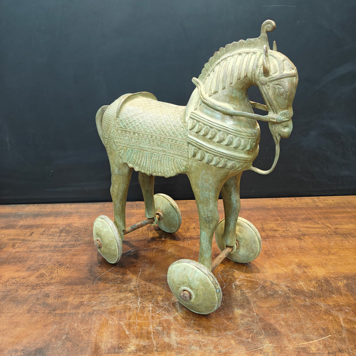 Brass Vintage Horse Statue On Wheels Green Patina Finish 18 Inch
