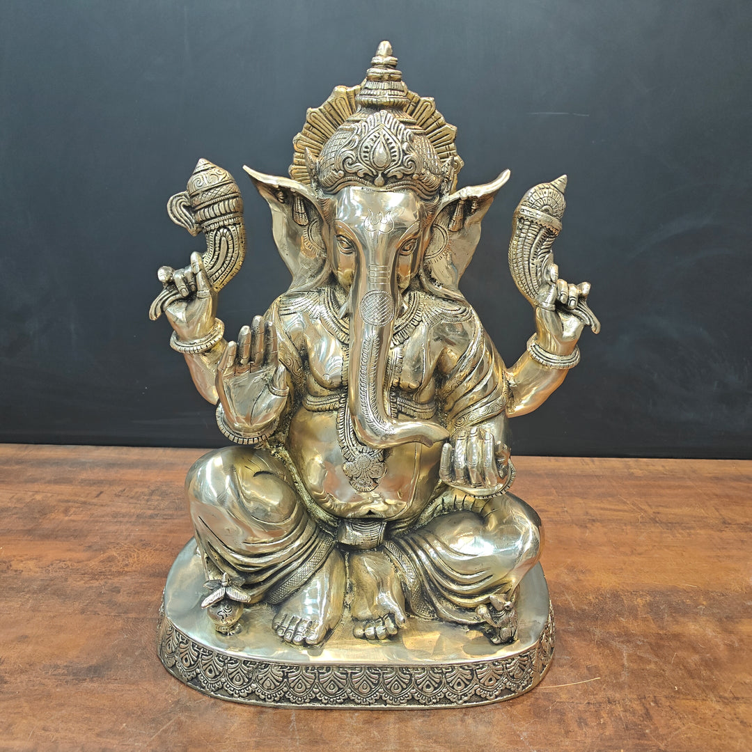 Brass Ganesha Idol Seated On Base Golden Finish 21 Inch