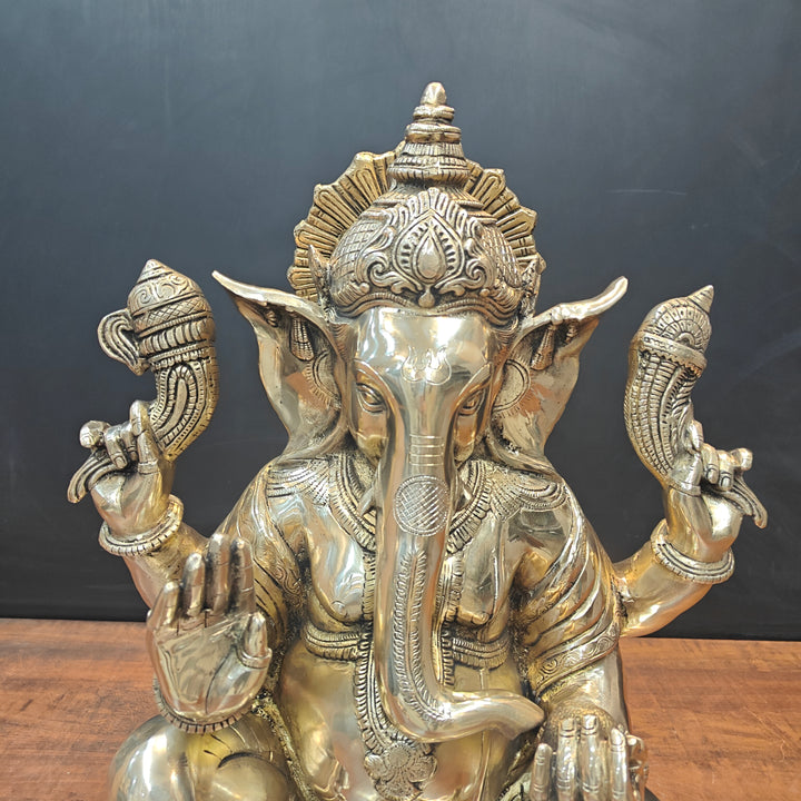 Brass Ganesha Idol Seated On Base Golden Finish 21 Inch