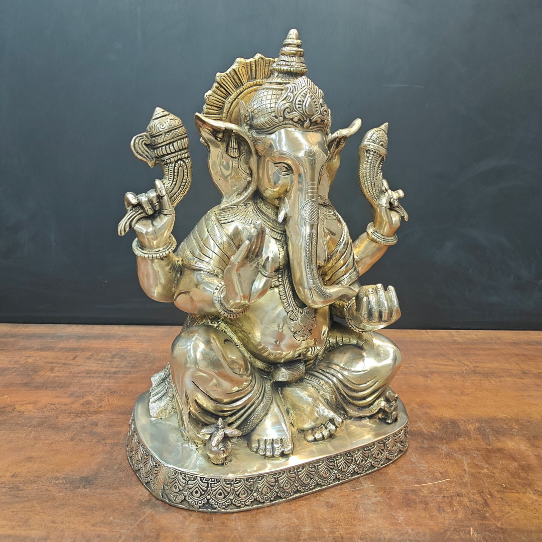 Brass Ganesha Idol Seated On Base Golden Finish 21 Inch