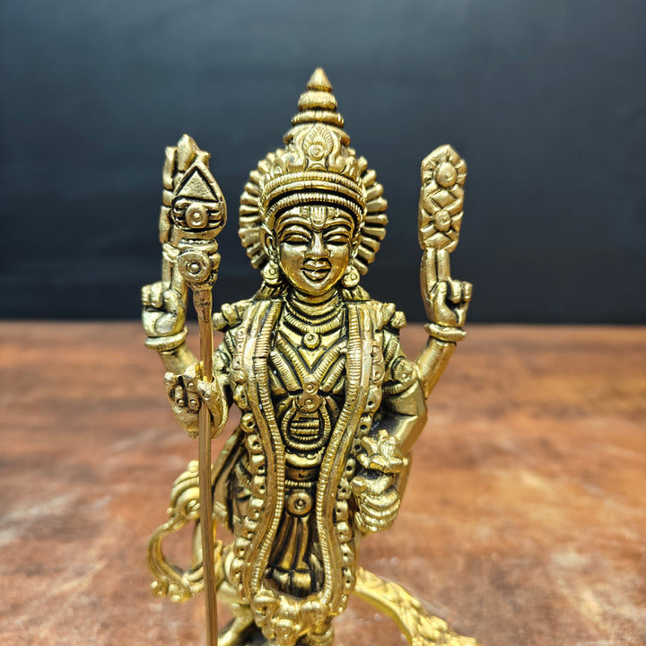 Brass Fine Small Murugan Swamy Kartikeya Idol Golden Finish 7 Inch