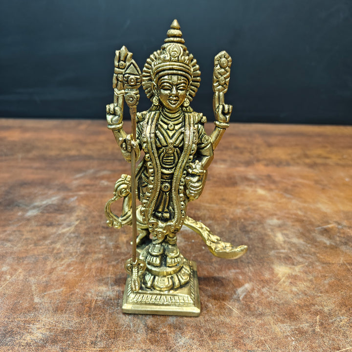 Brass Fine Small Murugan Swamy Kartikeya Idol Golden Finish 7 Inch