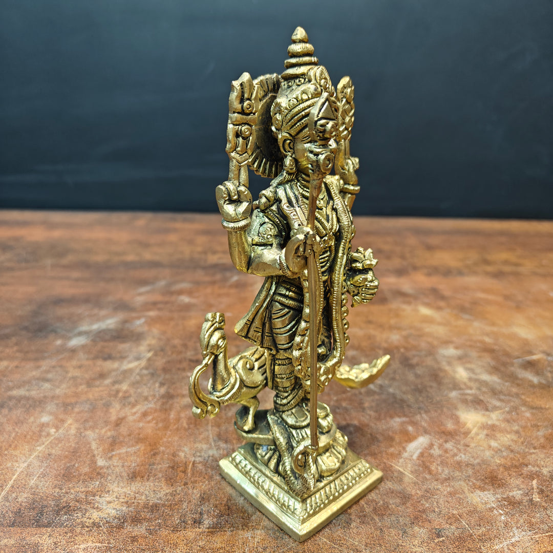 Brass Fine Small Murugan Swamy Kartikeya Idol Golden Finish 7 Inch