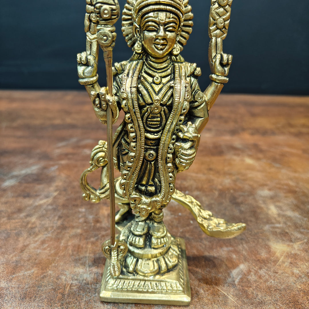 Brass Fine Small Murugan Swamy Kartikeya Idol Golden Finish 7 Inch