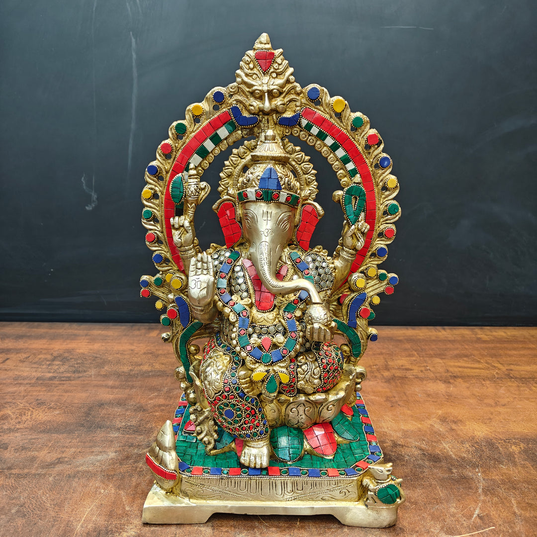 Brass Ganesha Statue Sitting On Lotus Base With Stone Work 18 Inches