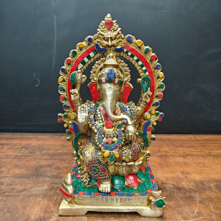 Brass Ganesha Statue Sitting On Lotus Base With Stone Work 18 Inches