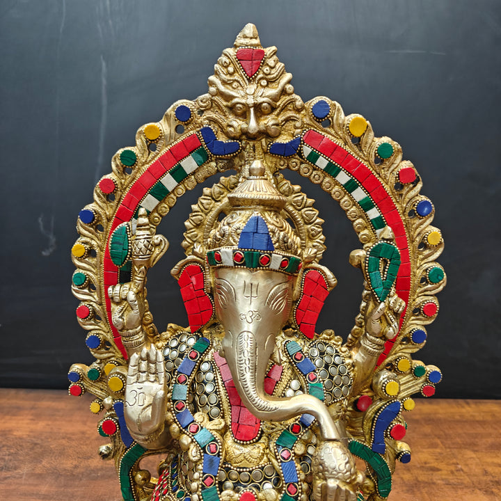 Brass Ganesha Statue Sitting On Lotus Base With Stone Work 18 Inches