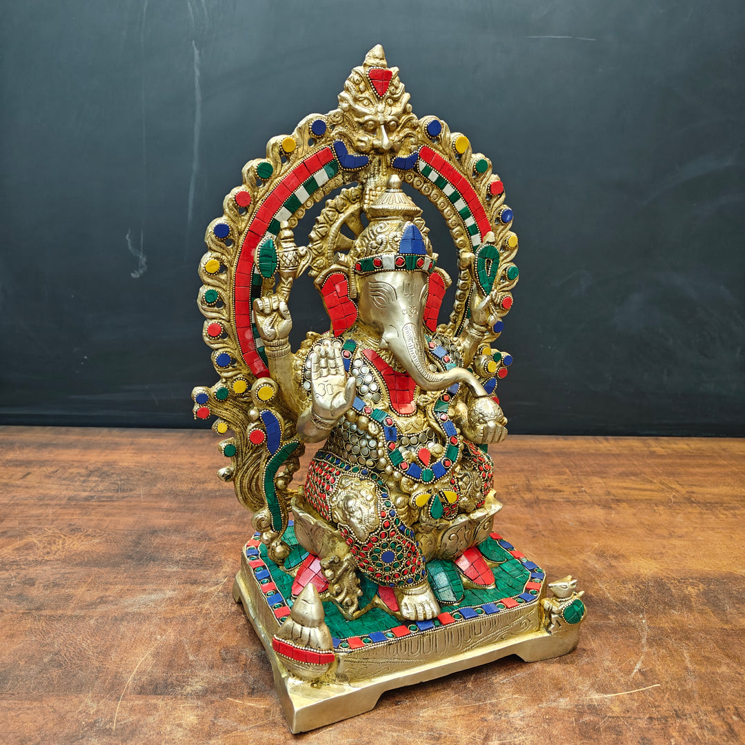 Brass Ganesha Statue Sitting On Lotus Base With Stone Work 18 Inches