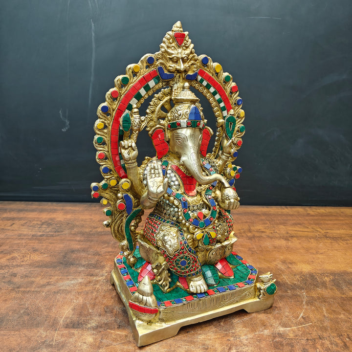 Brass Ganesha Statue Sitting On Lotus Base With Stone Work 18 Inches